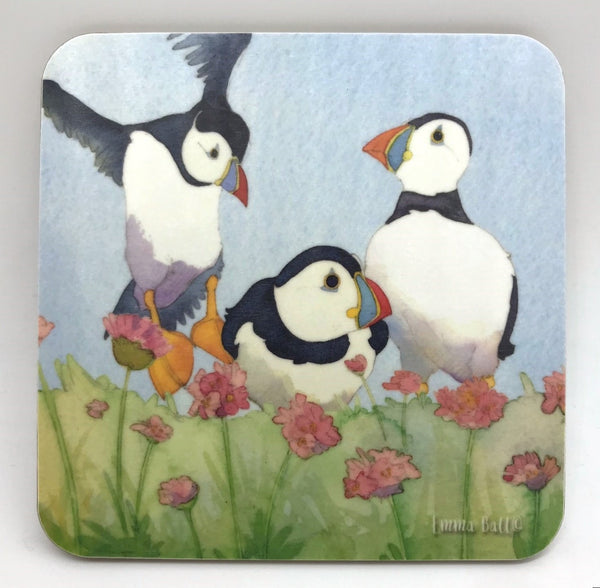 Puffins in Sea Thrift Coaster