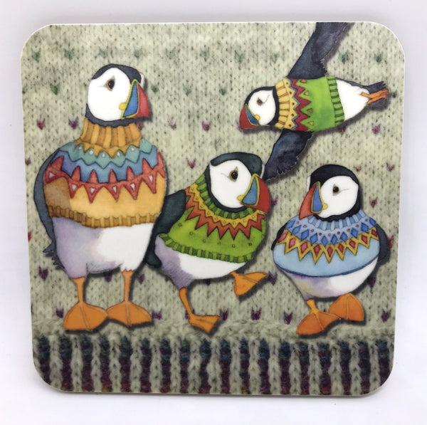 Puffins in Woolly Jumpers Coaster